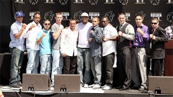 Unified Lightweight World Champion Juan Manuel Marquez (fifth from the left) and Golden Boy Promotions Partner Bernard Hopkins (sixth from the left) pose with (from left to right) junior middleweight prospect Eduardo Alicea, undefeated junior middleweight prospect Alfonso Blanco, undefeated bantamweight prospect Randy Caballero, undefeated junior welterweight prospect Michael Finney, undefeated lightweight prospect Fidel Maldonado Jr., undefeated middleweight prospect Bastie Samir, light heavyweight prospect Trevor Dean McCumby, undefeated welterweight prospect Mikael Zewski and junior featherweight prospect Manuel "Tino" Avila on September 18, 2010 in Los Angeles, California at the press conference to announce the signing of boxing promotional contracts of the young prospects with Golden Boy Promotions.