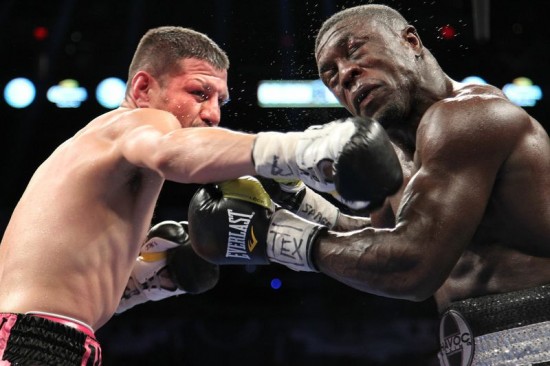 Jesus Soto-Karass en route to knocking out Andre Berto (photo by Tom Casino/Showtime)