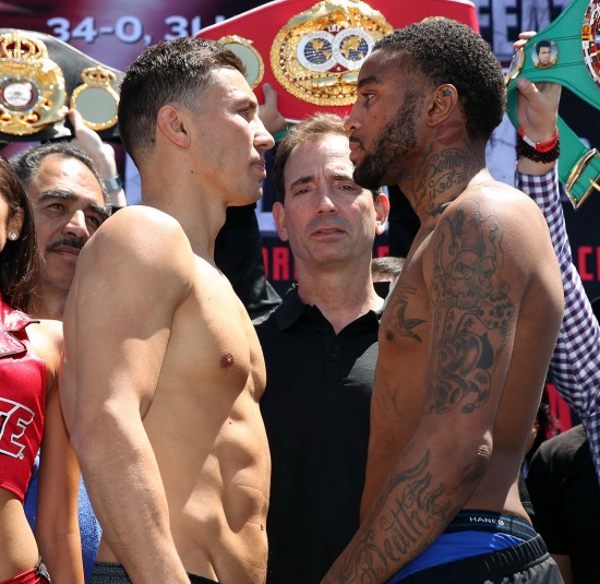 Golovkin, at left, and Wade face off for the crowd at yesterday's weigh-in (photo by Chris Farina-K2 Promotions)