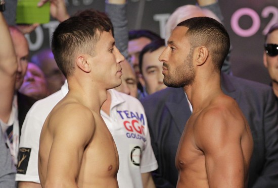 Golovkin, at left, stares into the eyes of his challenger, Brook.